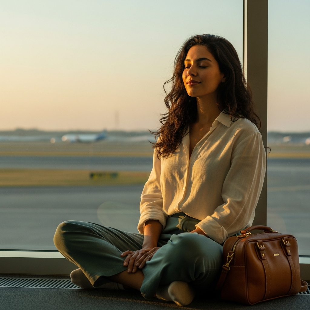 Traveler meditating in an airport terminal